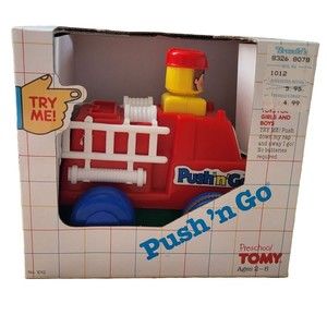 Vintage 1989 Tomy Push 'N Go Fire Truck Toy Car with Original Box